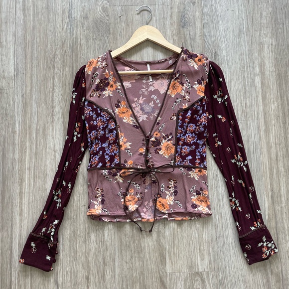 Free People Tops - Free People Mixed Floral Tie Front Long Sleeve Boho Blouse Top M